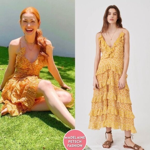 ❌❌SOLD❌❌450 MAJE Printed Cotton Voile Dress With Ruffles Orange | Womens Dresses - Picture 6 of 11